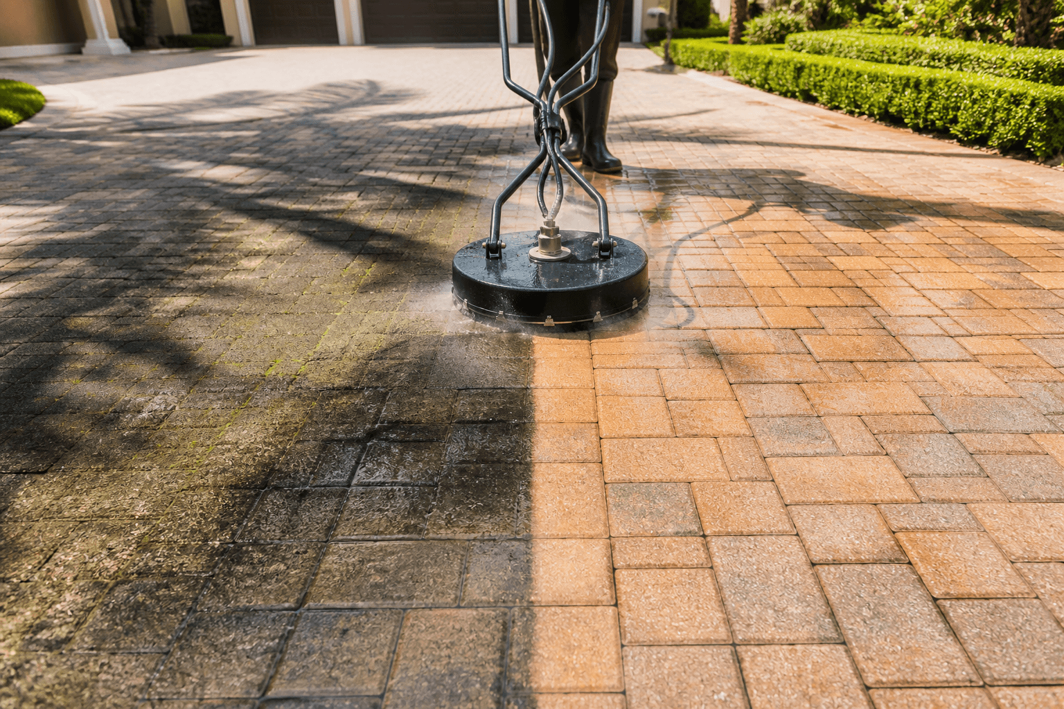 Clean paver driveway after pressure washing